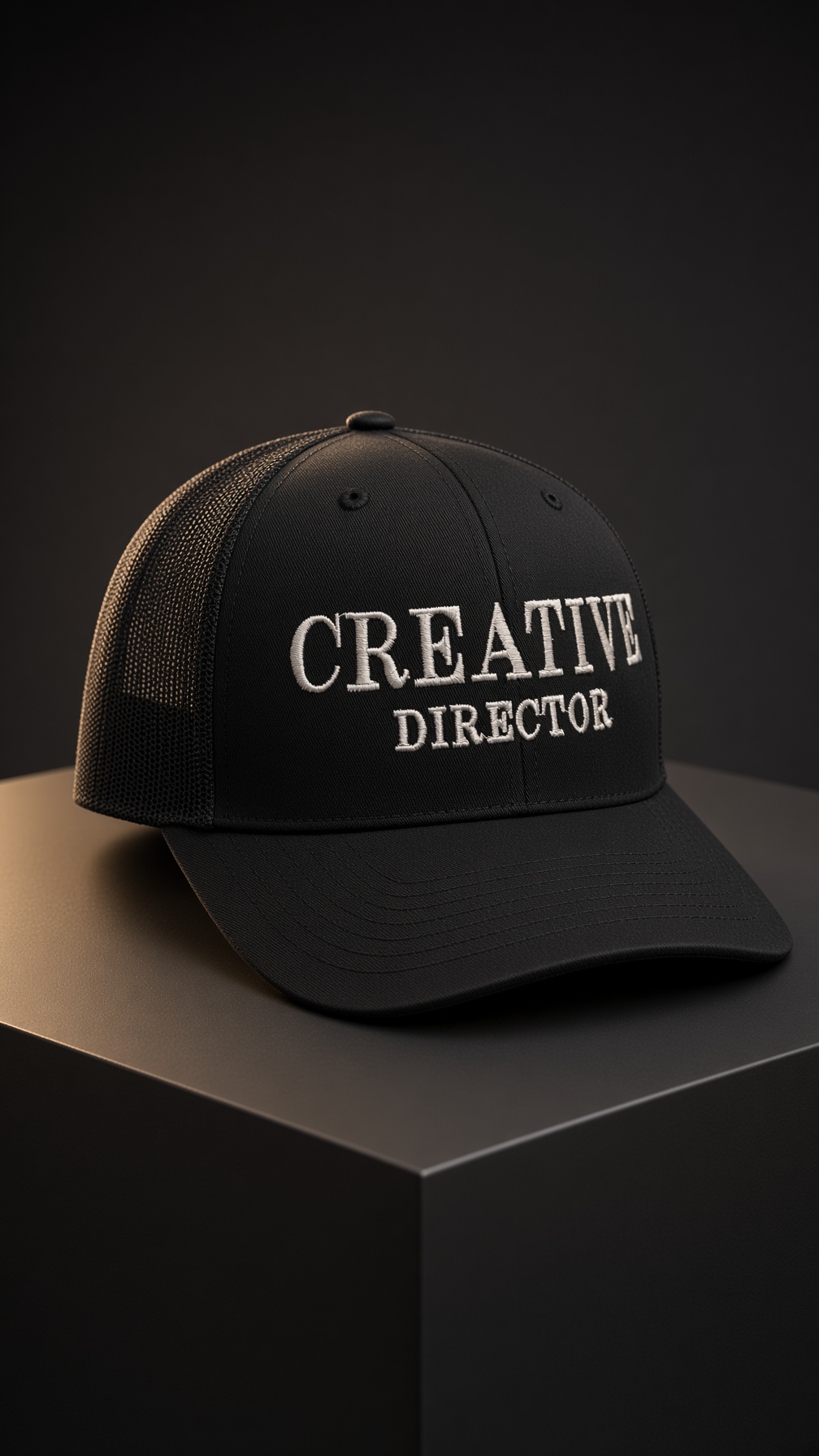 Black trucker cap embroidered with the words Creative Director