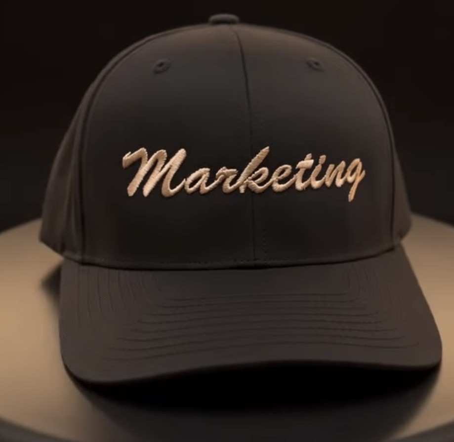 Black cap embroidered with the word Marketing