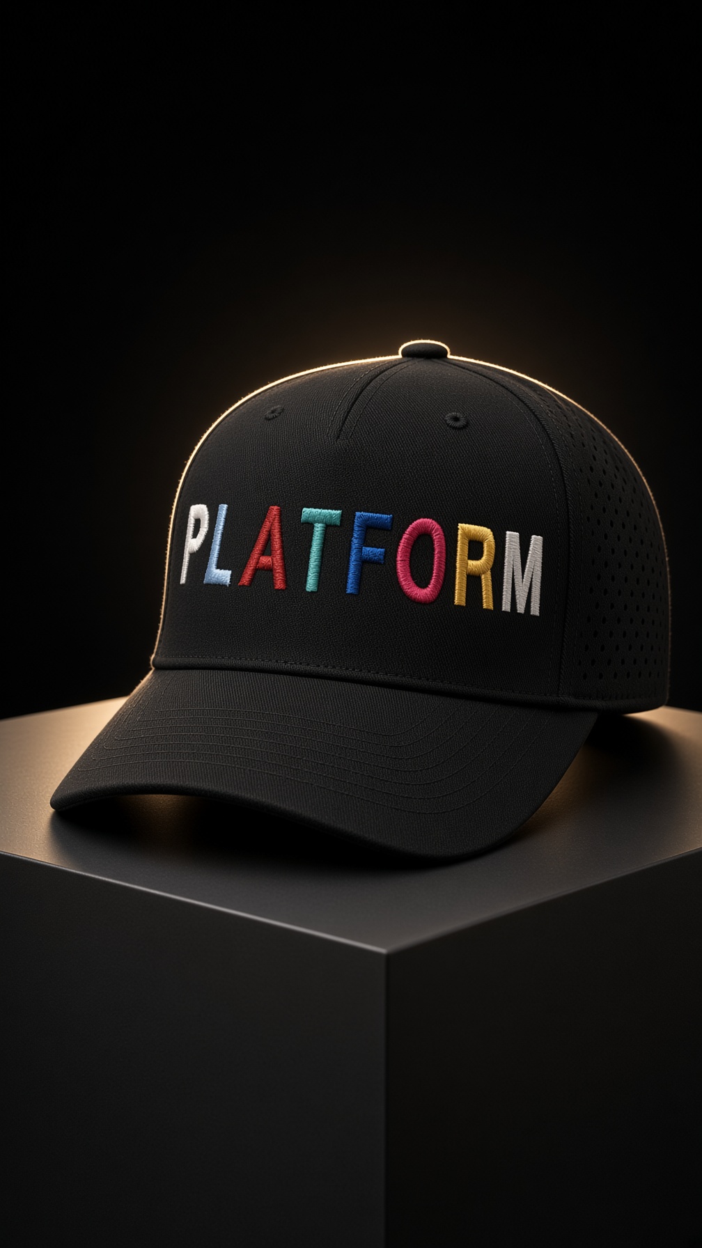 Black cap embroidered with the word Platform in multicolor thread