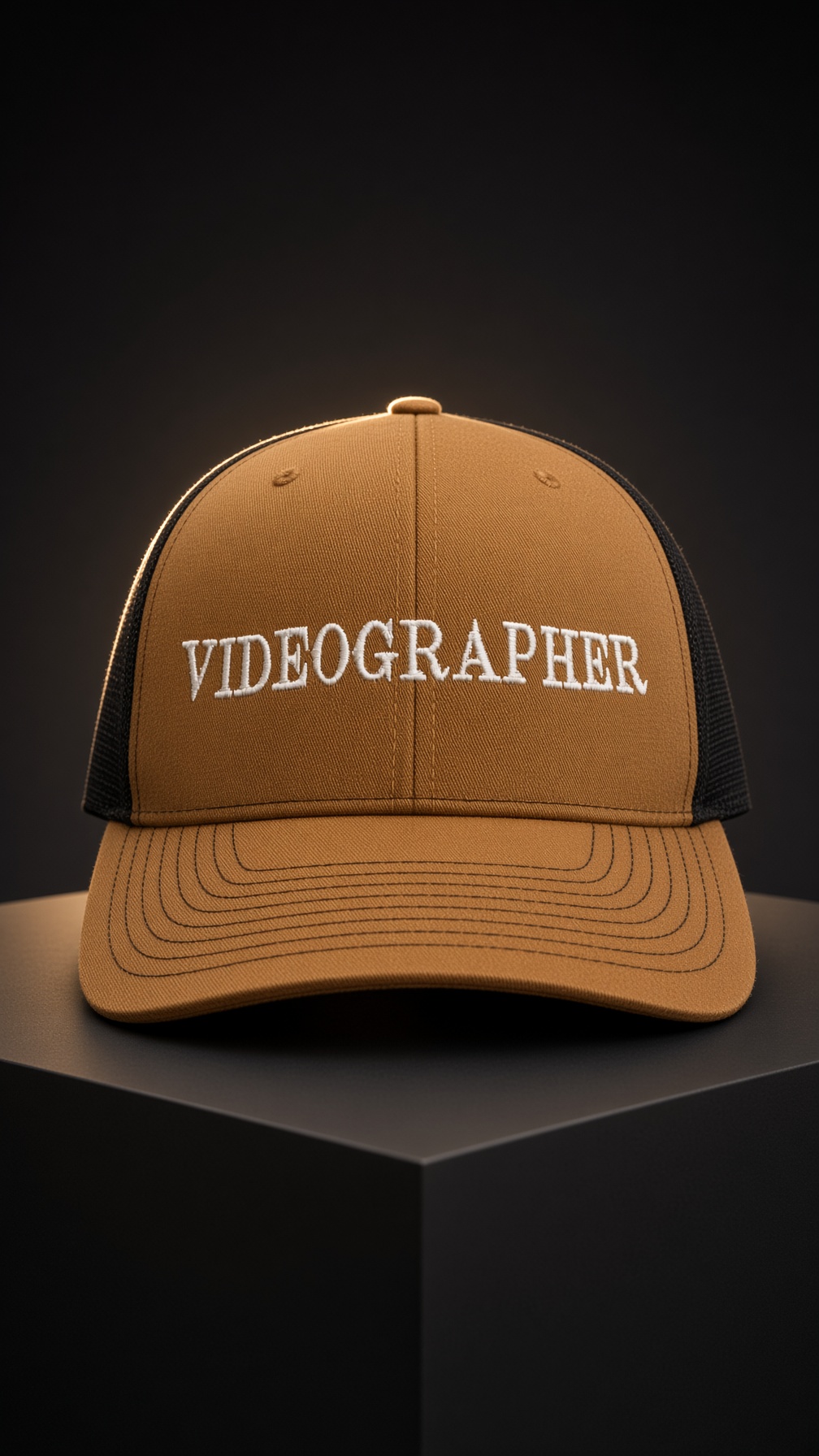 Tan trucker cap embroidered with the word Videographer