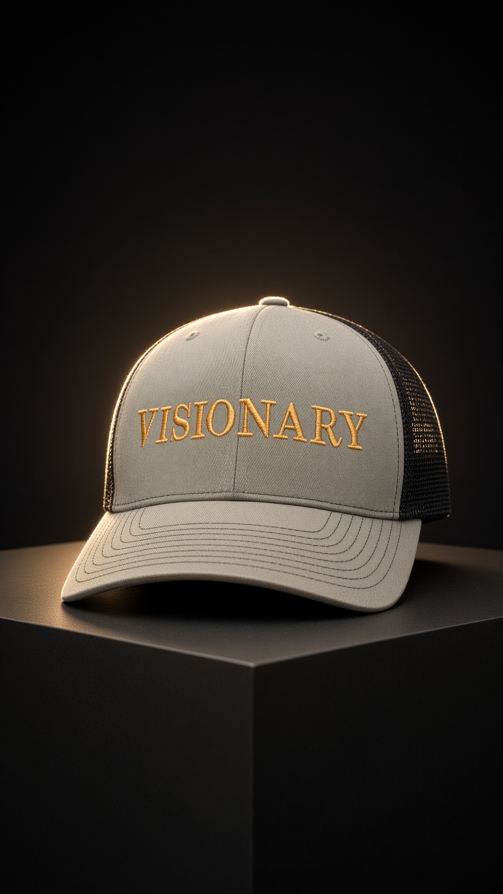 Grey trucker cap embroidered with the word Visionary